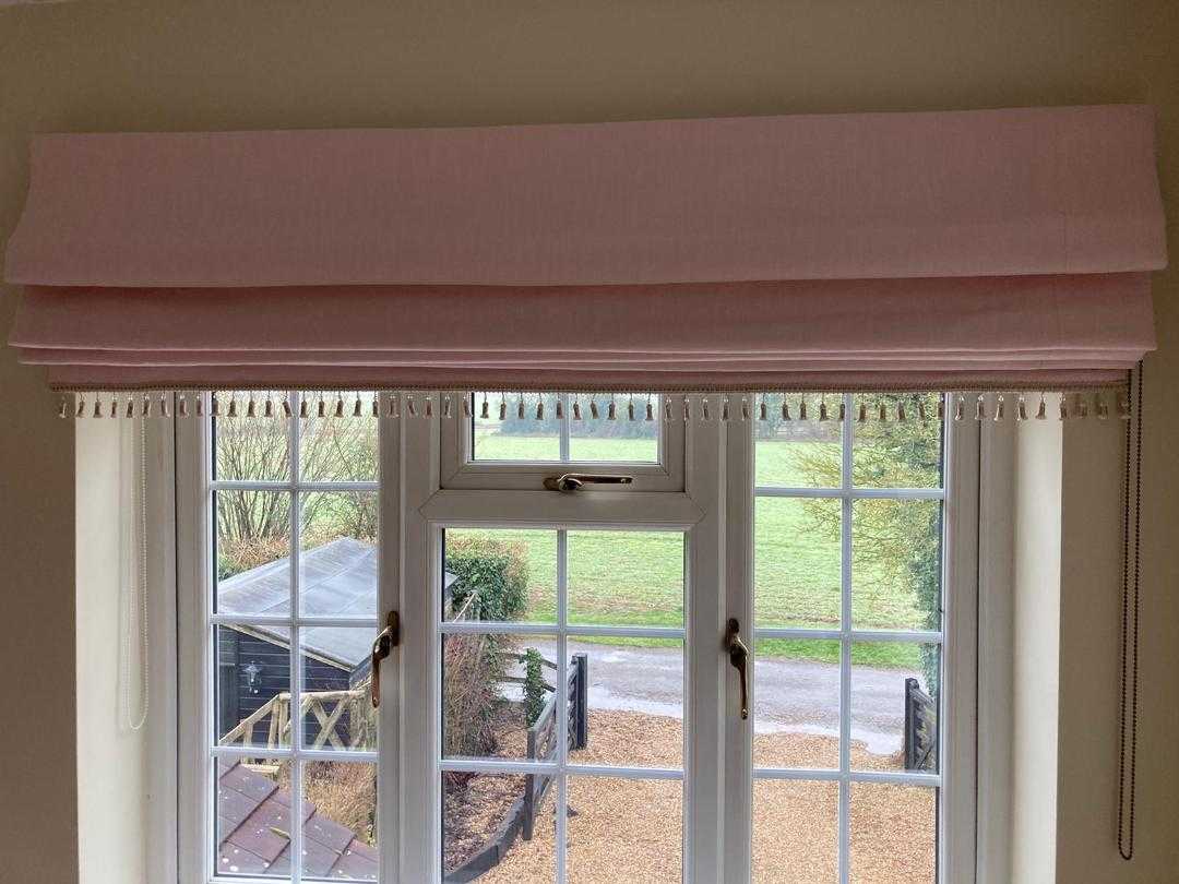 Pale Pink Laura Ashley Bacall Blush Roman Blinds with champagne trim