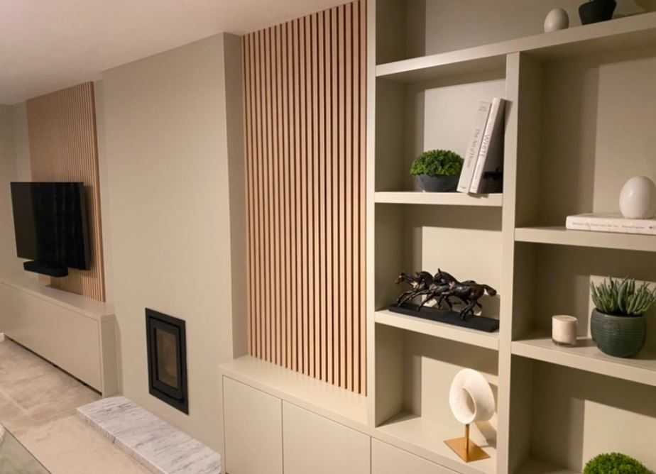 From Bland to Beautiful: A Stunning Sitting Room Transformation with Media Wall, Plush Sofas, Textured Curtains, and Luxurious Deep Pile Carpets