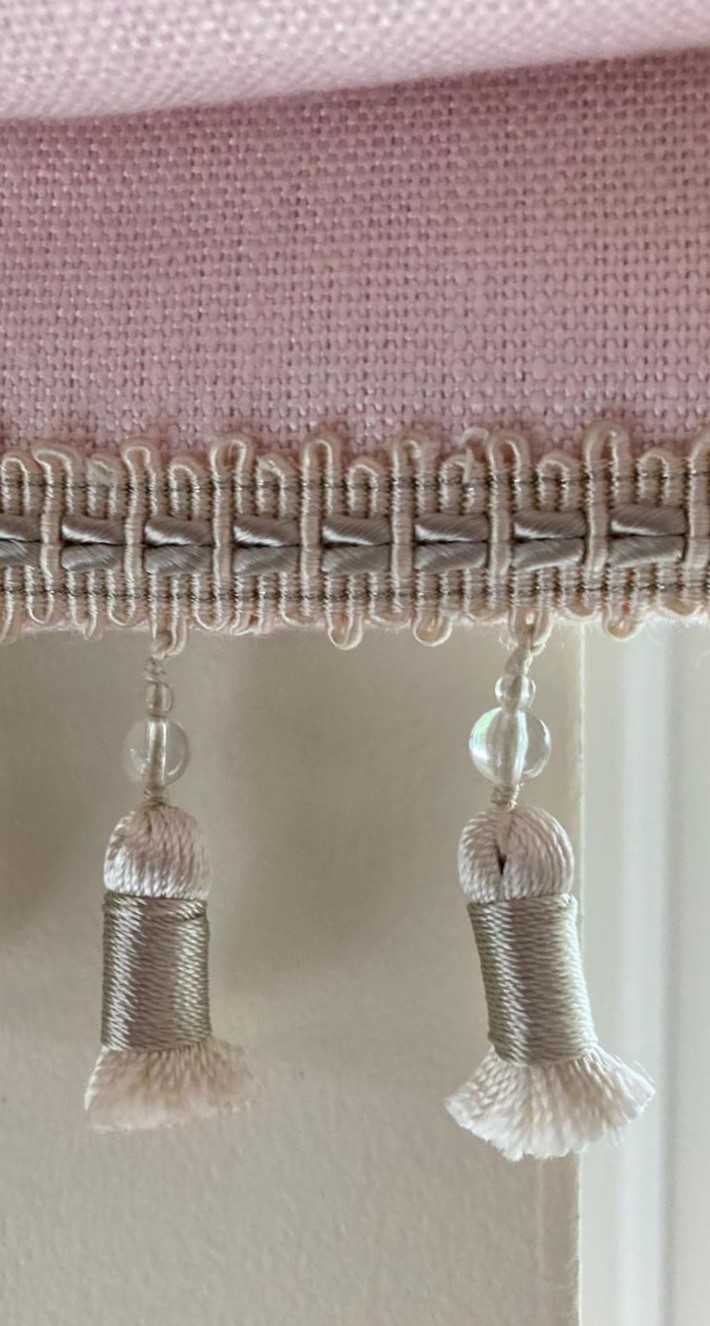 Pale Pink Laura Ashley Bacall Blush Roman Blinds with champagne trim